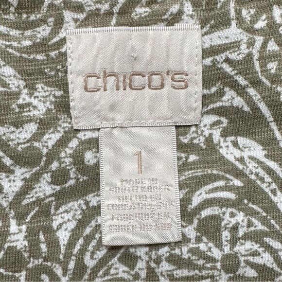 Chico’s Green Boho White Ethnic Print Tasseled 3/4 Sleeves Top - Picture 9 of 13